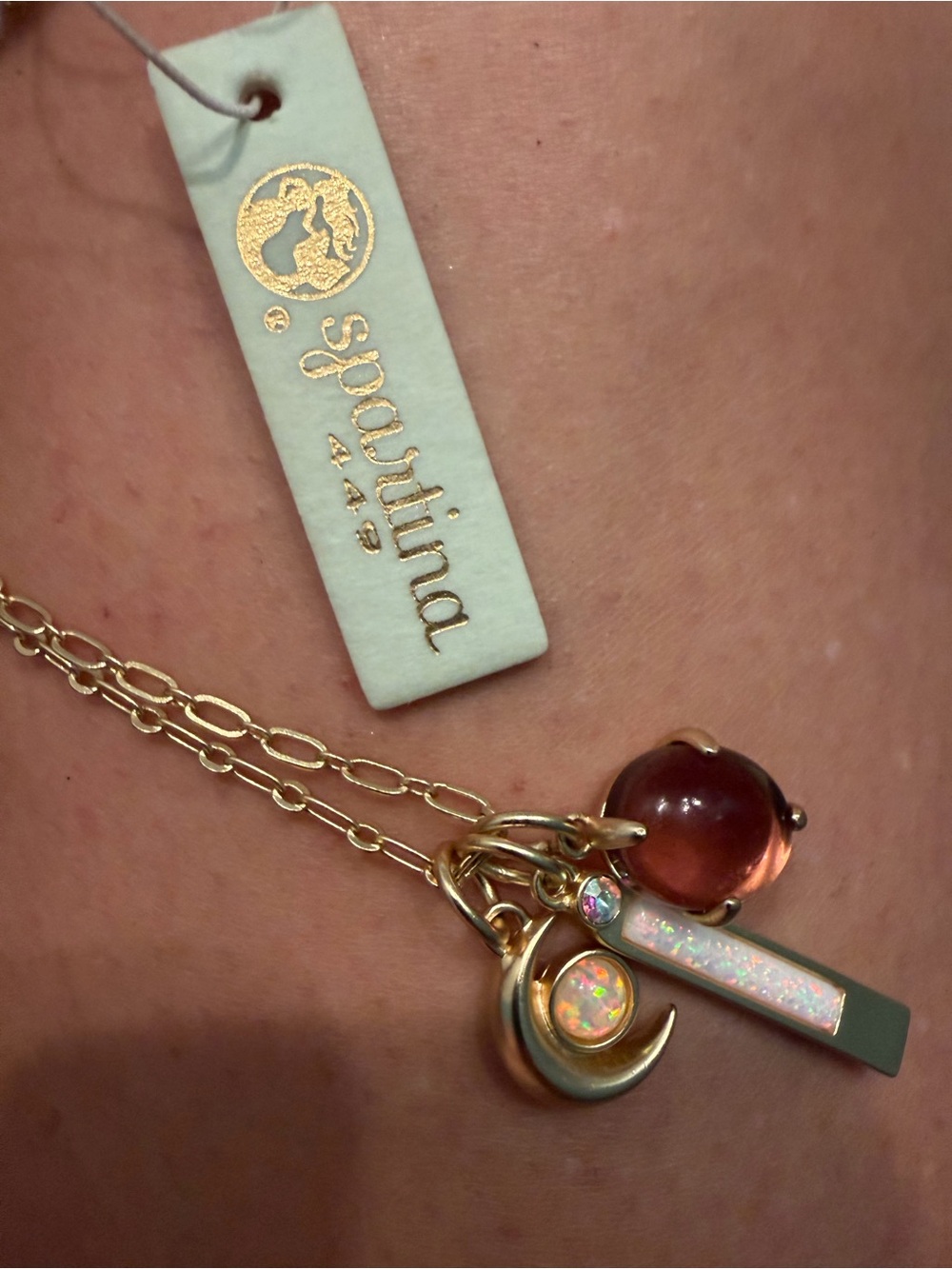 Spartina NWT Gold Charm Necklace with Pink Orb & Opal Moon